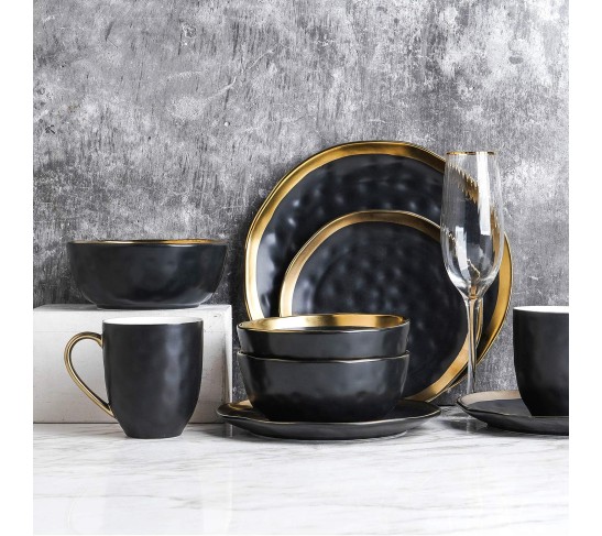 Modern Poreclain 16 Piece Dinnerware Set, Plates and Bowls Set, Dish set for 4, Black And Golden Rim
