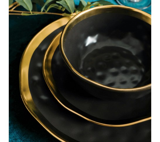 Modern Poreclain 16 Piece Dinnerware Set, Plates and Bowls Set, Dish set for 4, Black And Golden Rim