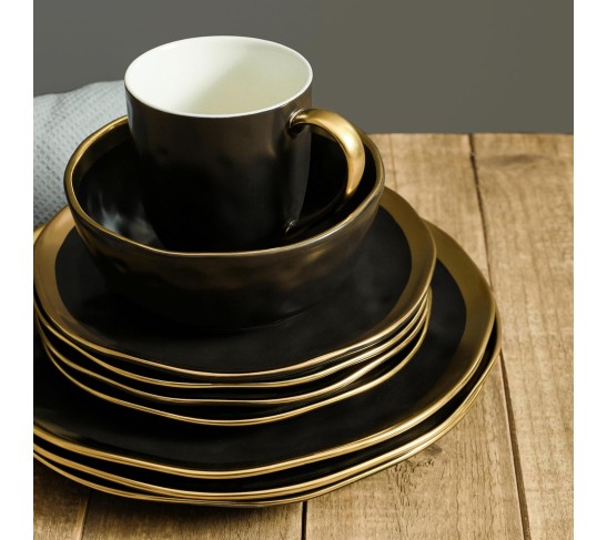 Modern Poreclain 16 Piece Dinnerware Set, Plates and Bowls Set, Dish set for 4, Black And Golden Rim