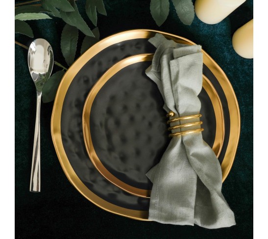 Modern Poreclain 16 Piece Dinnerware Set, Plates and Bowls Set, Dish set for 4, Black And Golden Rim