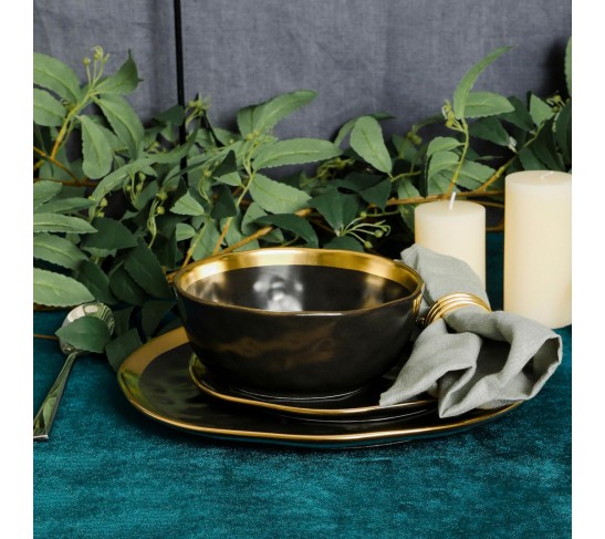 Modern Poreclain 16 Piece Dinnerware Set, Plates and Bowls Set, Dish set for 4, Black And Golden Rim