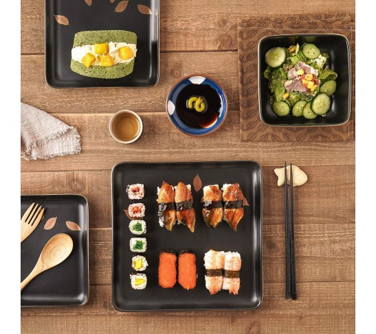 Porcelain 16 Piece Square Dinnerware Set, Black With Gold Leaves