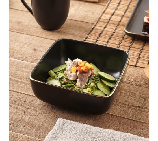 Porcelain 16 Piece Square Dinnerware Set, Black With Gold Leaves