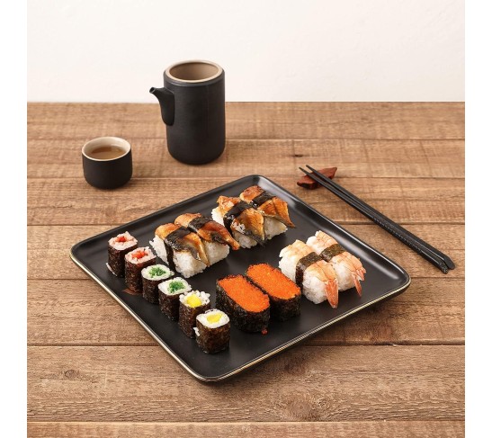 Porcelain 16 Piece Square Dinnerware Set, Black With Gold Leaves