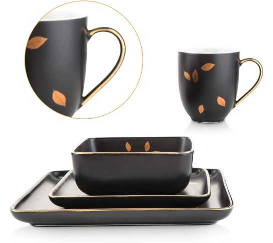 Porcelain 16 Piece Square Dinnerware Set, Black With Gold Leaves