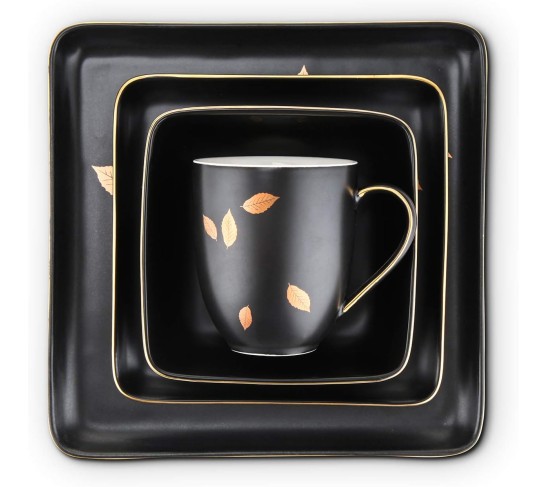 Porcelain 16 Piece Square Dinnerware Set, Black With Gold Leaves