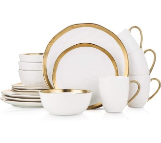 Modern Poreclain 16 Piece Dinnerware Set, Plates and Bowls Set, Dish set for 4, White And Golden Rim