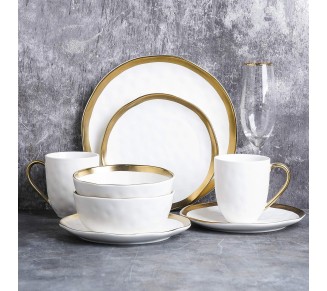 Modern Poreclain 16 Piece Dinnerware Set, Plates and Bowls Set, Dish set for 4, White And Golden Rim