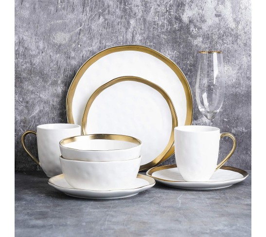 Modern Poreclain 16 Piece Dinnerware Set, Plates and Bowls Set, Dish set for 4, White And Golden Rim