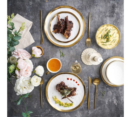 Modern Poreclain 16 Piece Dinnerware Set, Plates and Bowls Set, Dish set for 4, White And Golden Rim