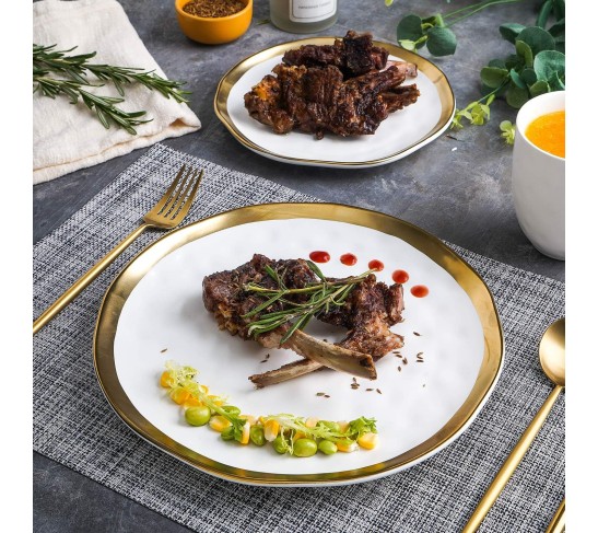 Modern Poreclain 16 Piece Dinnerware Set, Plates and Bowls Set, Dish set for 4, White And Golden Rim