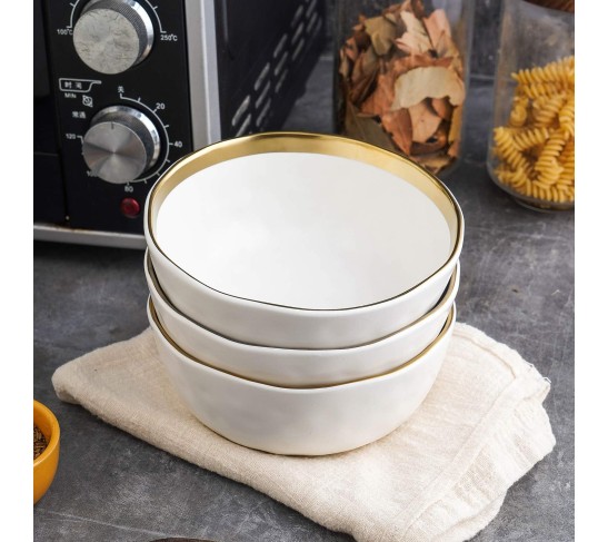 Modern Poreclain 16 Piece Dinnerware Set, Plates and Bowls Set, Dish set for 4, White And Golden Rim