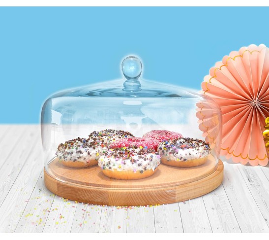 Wood Cake Tray - with Glass Dome - Cover - Round - Server for Cheese - Pastries - Doughnuts - 11.625" Diameter - 6.75" Height (Inside Sizes are 11" Diameter, 4" Height) - by - Made in Europe