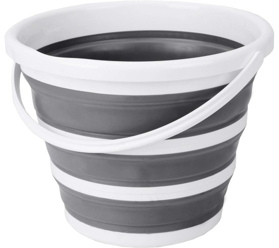 Indoor and Outdoor Collapsible Bucket with Handle, 10 Liters, 2.6 Gallons, Gray and White