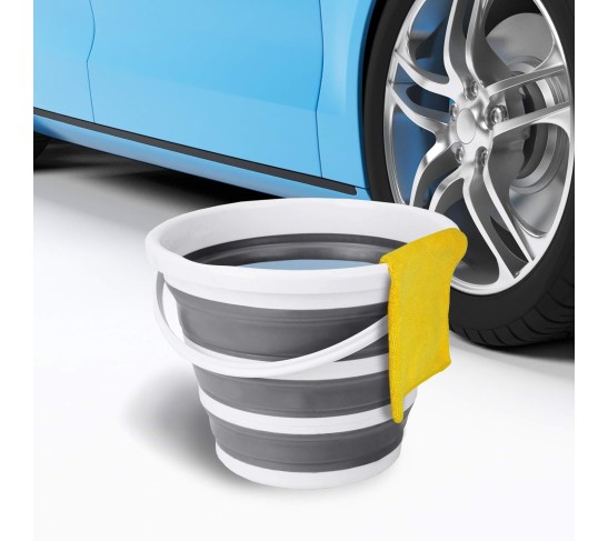 Indoor and Outdoor Collapsible Bucket with Handle, 10 Liters, 2.6 Gallons, Gray and White