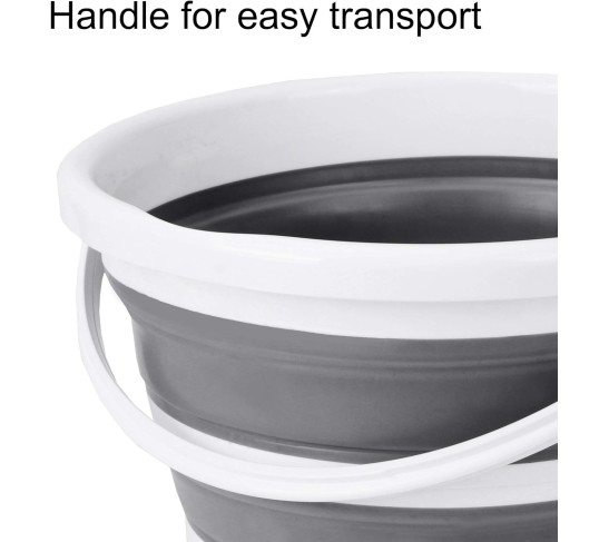 Indoor and Outdoor Collapsible Bucket with Handle, 10 Liters, 2.6 Gallons, Gray and White