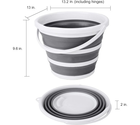 Indoor and Outdoor Collapsible Bucket with Handle, 10 Liters, 2.6 Gallons, Gray and White