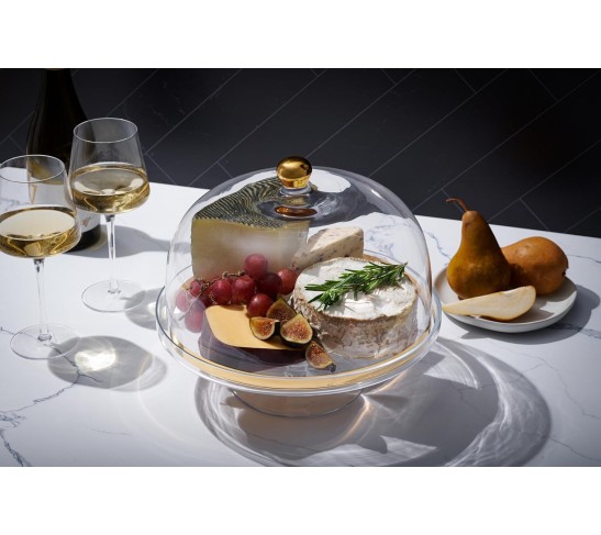 Glass - Cake Stand - and - Dome - with - Gold Rim - and - Gold Knob - for - Cake - Fruit - Cheese - 11.75" Diameter - Made in Europe - by 