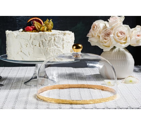 Glass - Cake Stand - and - Dome - with - Gold Rim - and - Gold Knob - for - Cake - Fruit - Cheese - 11.75" Diameter - Made in Europe - by 