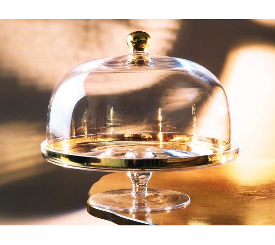 Glass - Cake Stand - and - Dome - with - Gold Rim - and - Gold Knob - for - Cake - Fruit - Cheese - 11.75" Diameter - Made in Europe - by 