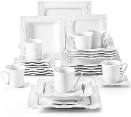 Ivory White Dinnerware Sets 30 Piece, Square Plates and Bowls Sets for 6, Porcelain Dinnerware Set with Dinner Plate, Dessert Plate, Soup Bowl, Cup and Saucer, Ceramic Dish Set, Series Mario