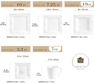 Ivory White Dinnerware Sets 30 Piece, Square Plates and Bowls Sets for 6, Porcelain Dinnerware Set with Dinner Plate, Dessert Plate, Soup Bowl, Cup and Saucer, Ceramic Dish Set, Series Mario
