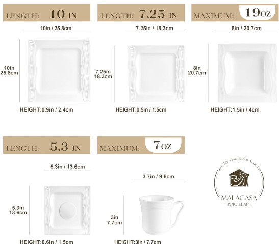 Ivory White Dinnerware Sets 30 Piece, Square Plates and Bowls Sets for 6, Porcelain Dinnerware Set with Dinner Plate, Dessert Plate, Soup Bowl, Cup and Saucer, Ceramic Dish Set, Series Mario