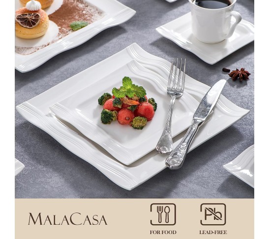 Ivory White Dinnerware Sets 30 Piece, Square Plates and Bowls Sets for 6, Porcelain Dinnerware Set with Dinner Plate, Dessert Plate, Soup Bowl, Cup and Saucer, Ceramic Dish Set, Series Mario