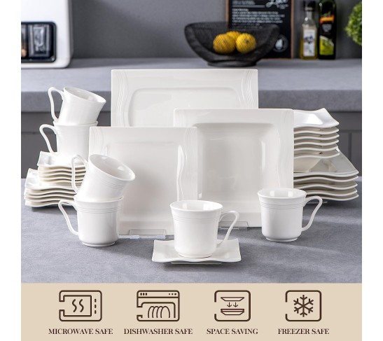 Ivory White Dinnerware Sets 30 Piece, Square Plates and Bowls Sets for 6, Porcelain Dinnerware Set with Dinner Plate, Dessert Plate, Soup Bowl, Cup and Saucer, Ceramic Dish Set, Series Mario