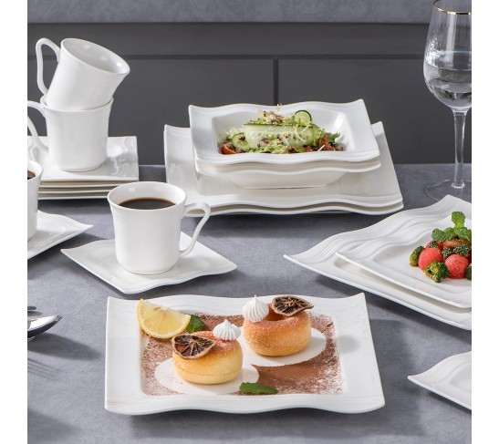 Ivory White Dinnerware Sets 30 Piece, Square Plates and Bowls Sets for 6, Porcelain Dinnerware Set with Dinner Plate, Dessert Plate, Soup Bowl, Cup and Saucer, Ceramic Dish Set, Series Mario