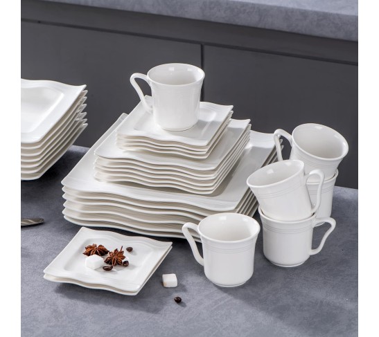 Ivory White Dinnerware Sets 30 Piece, Square Plates and Bowls Sets for 6, Porcelain Dinnerware Set with Dinner Plate, Dessert Plate, Soup Bowl, Cup and Saucer, Ceramic Dish Set, Series Mario