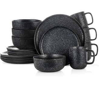 Tom Stoneware Reactive Glaze Dinnerware Set, 16-Piece Service for 4, Black-White