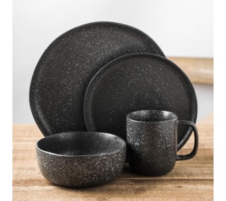 Tom Stoneware Reactive Glaze Dinnerware Set, 16-Piece Service for 4, Black-White