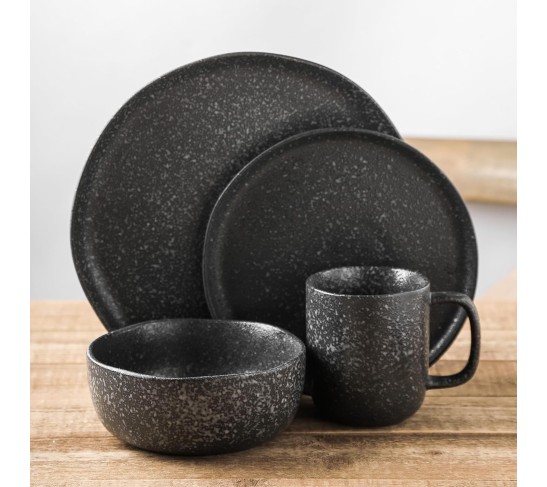 Tom Stoneware Reactive Glaze Dinnerware Set, 16-Piece Service for 4, Black-White