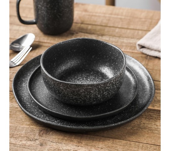 Tom Stoneware Reactive Glaze Dinnerware Set, 16-Piece Service for 4, Black-White
