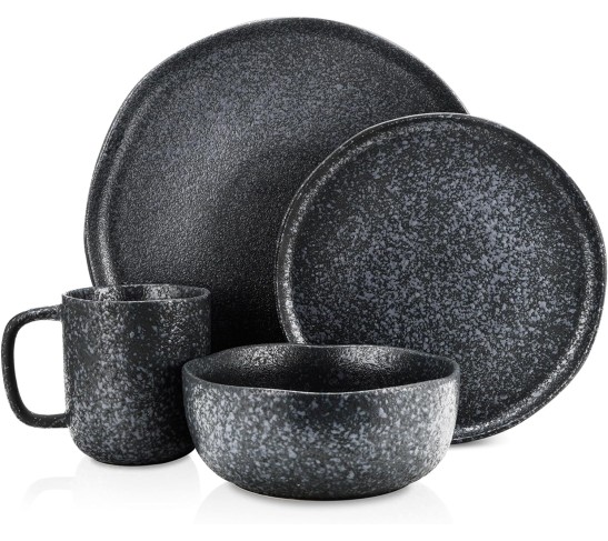 Tom Stoneware Reactive Glaze Dinnerware Set, 16-Piece Service for 4, Black-White