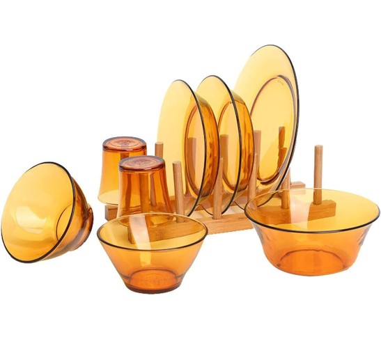 Fashion Transparent Dishes Set,8 Pieces Dinnerware Set,Service for 2 People,High Temperature Resistance Non-toxic,Mugs,Plates and Bowls,Easy to Clean,Amber,Brown (Color : Amber)