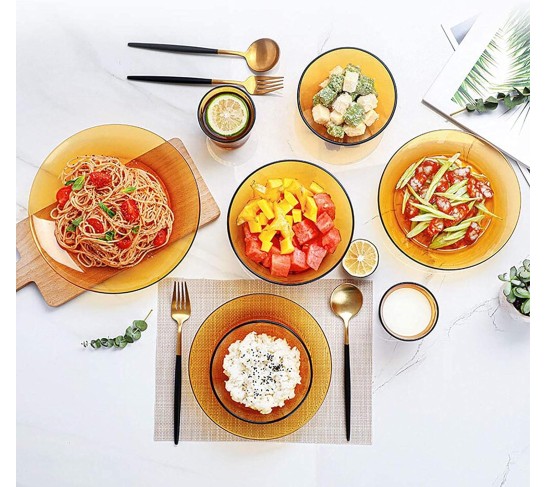 Fashion Transparent Dishes Set,8 Pieces Dinnerware Set,Service for 2 People,High Temperature Resistance Non-toxic,Mugs,Plates and Bowls,Easy to Clean,Amber,Brown (Color : Amber)