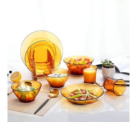 Fashion Transparent Dishes Set,8 Pieces Dinnerware Set,Service for 2 People,High Temperature Resistance Non-toxic,Mugs,Plates and Bowls,Easy to Clean,Amber,Brown (Color : Amber)