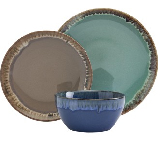 Tabletops Gallery Tuscan Reactive Glaze Stoneware- Dining Entertainment Plate Bowl Ceramic, 12 Piece Tuscan Dinnerware Set (Blue, Green, and Brown)