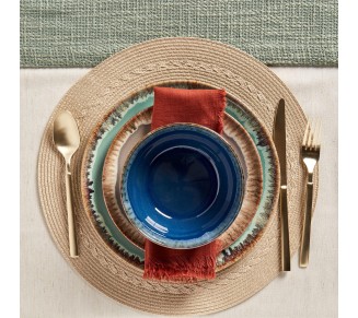 Tabletops Gallery Tuscan Reactive Glaze Stoneware- Dining Entertainment Plate Bowl Ceramic, 12 Piece Tuscan Dinnerware Set (Blue, Green, and Brown)