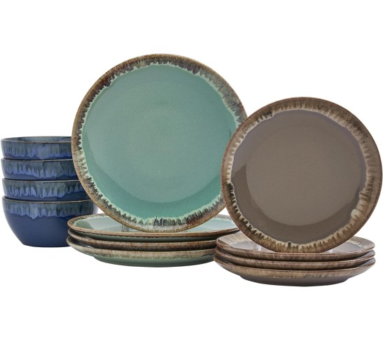 Tabletops Gallery Tuscan Reactive Glaze Stoneware- Dining Entertainment Plate Bowl Ceramic, 12 Piece Tuscan Dinnerware Set (Blue, Green, and Brown)