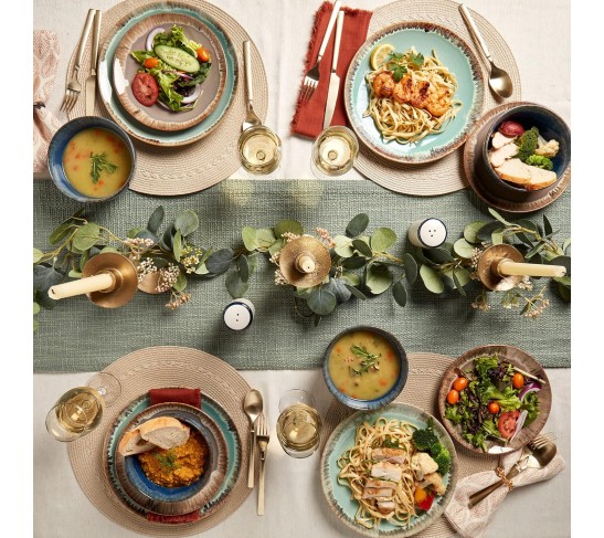 Tabletops Gallery Tuscan Reactive Glaze Stoneware- Dining Entertainment Plate Bowl Ceramic, 12 Piece Tuscan Dinnerware Set (Blue, Green, and Brown)