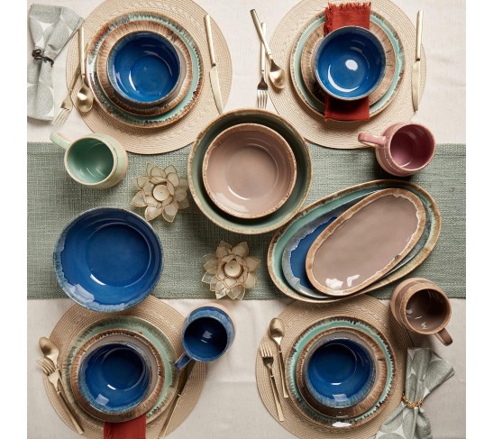 Tabletops Gallery Tuscan Reactive Glaze Stoneware- Dining Entertainment Plate Bowl Ceramic, 12 Piece Tuscan Dinnerware Set (Blue, Green, and Brown)