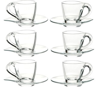 Glass Espresso Cup - Mug - With Saucer - 3.4 oz. - 6 Sets (Each set has a saucer and a cup) - for Cappuccino, Coffee, Latte, Tea - Made in Europe