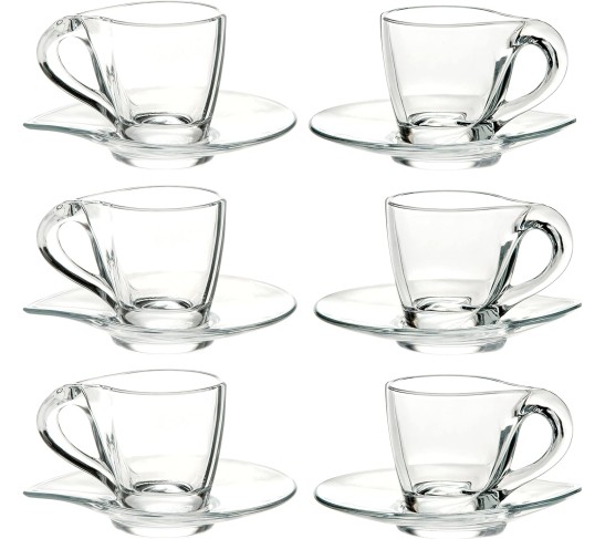 Glass Espresso Cup - Mug - With Saucer - 3.4 oz. - 6 Sets (Each set has a saucer and a cup) - for Cappuccino, Coffee, Latte, Tea - Made in Europe