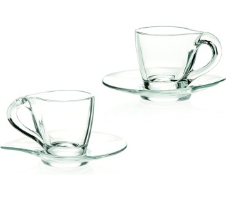 Glass Espresso Cup - Mug - With Saucer - 3.4 oz. - 6 Sets (Each set has a saucer and a cup) - for Cappuccino, Coffee, Latte, Tea - Made in Europe