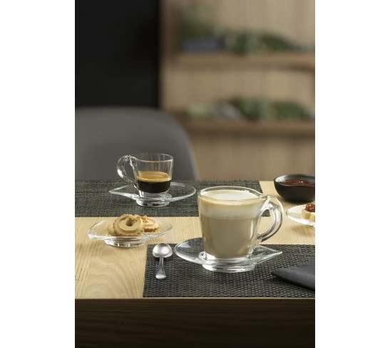 Glass Espresso Cup - Mug - With Saucer - 3.4 oz. - 6 Sets (Each set has a saucer and a cup) - for Cappuccino, Coffee, Latte, Tea - Made in Europe