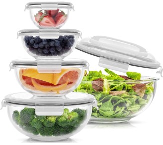 Kitchen Mixing Bowls. 5pc Glass Bowls with Lids Set – Neat Nesting Bowls. Large Mixing Bowl Set incl Batter Bowl, Cooking Bowls, Storage Bowls with Lids and Big Salad Bowl with BPA-Free Lids