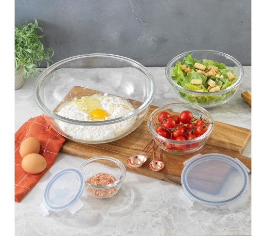Kitchen Mixing Bowls. 5pc Glass Bowls with Lids Set – Neat Nesting Bowls. Large Mixing Bowl Set incl Batter Bowl, Cooking Bowls, Storage Bowls with Lids and Big Salad Bowl with BPA-Free Lids